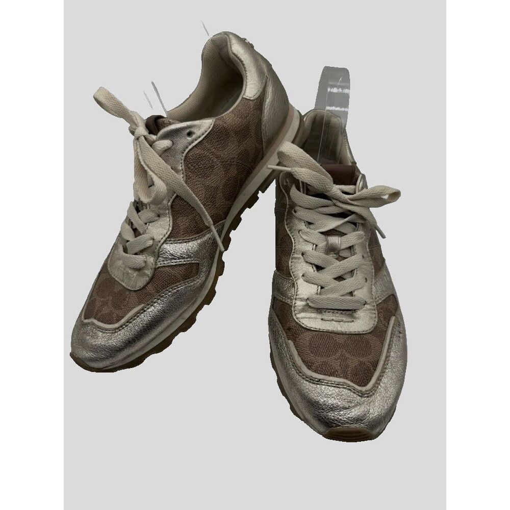 Coach C118 Runner Womens Size 8.5 Gold Brown Monogram Metallic Lace Up Sneakers